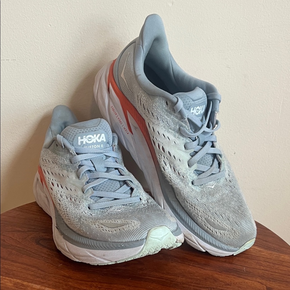 Hoka one one clifton 8 light blue and Orange Athletic Shoes size 7 women’s shoe